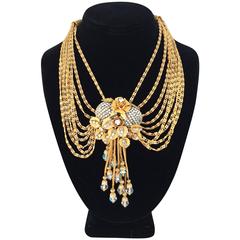 Exquisite Gilt Metal And Crystal Bib Necklace, 1950s