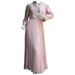 Elegant Pink Shantung Silk Chiffon Jacket Gown Ensemble c 1960