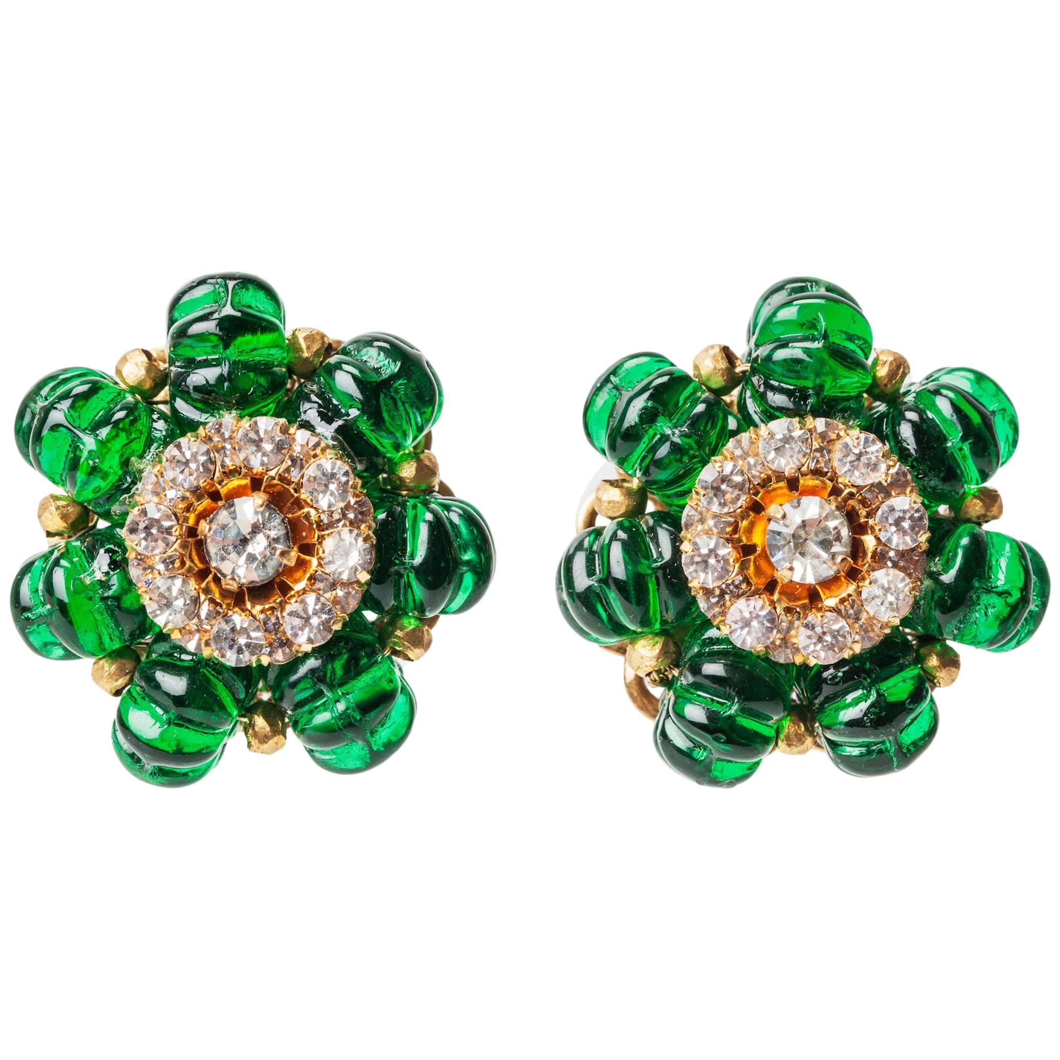 Miriam Haskell Faux Emerald Cotele Bead Earclips
