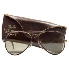 Ray Ban - Lunettes de soleil vintage en cuir marron vintage Aviator à monture réglable, 62 carats