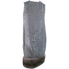 NORMAN AMBROSE Size 4 Iridescent Sequin Fur Trim Shift Cocktail Dress 8