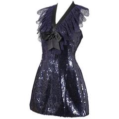 Chanel navy blue sequinned mini dress with lace collar and satin bow, C. 1987