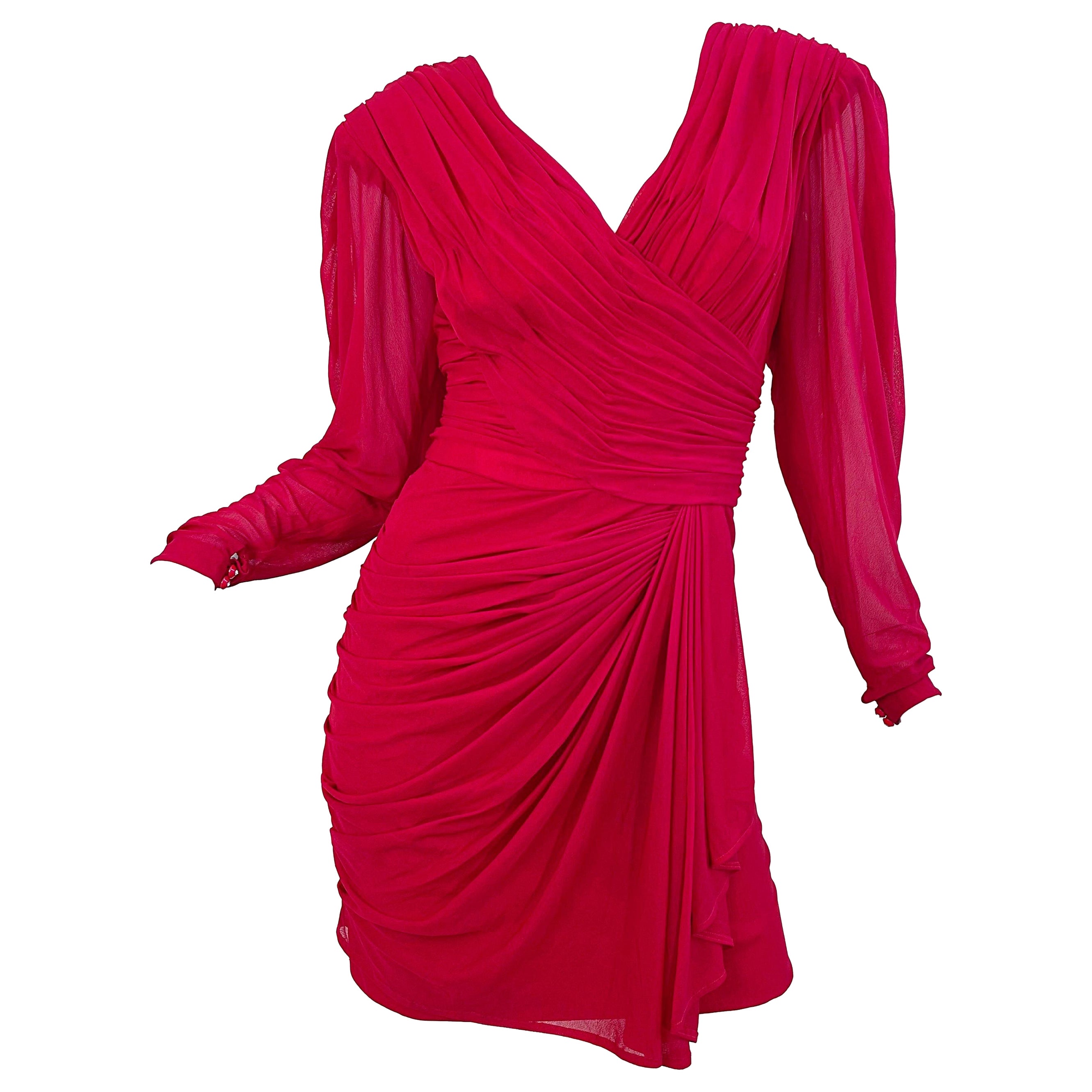 1970s Loris Azzaro Lipstick Red Silk Chiffon Jersey Long Sleeve 70s Mini Dress