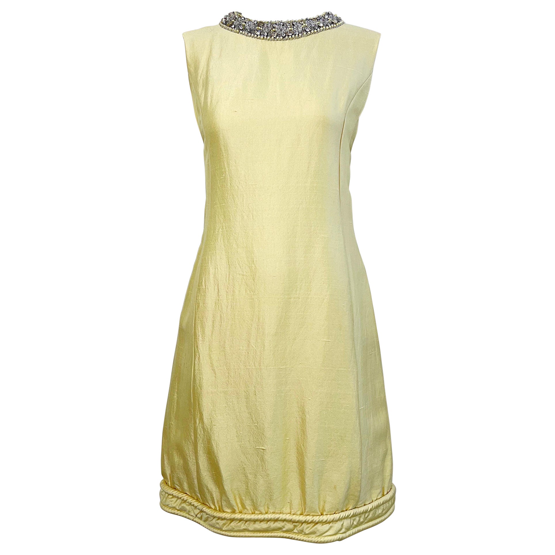 Chic 1960s Pale Yellow Silk Shantung Rhinestone Beaded Vintage 60s Shift Dress For Sale