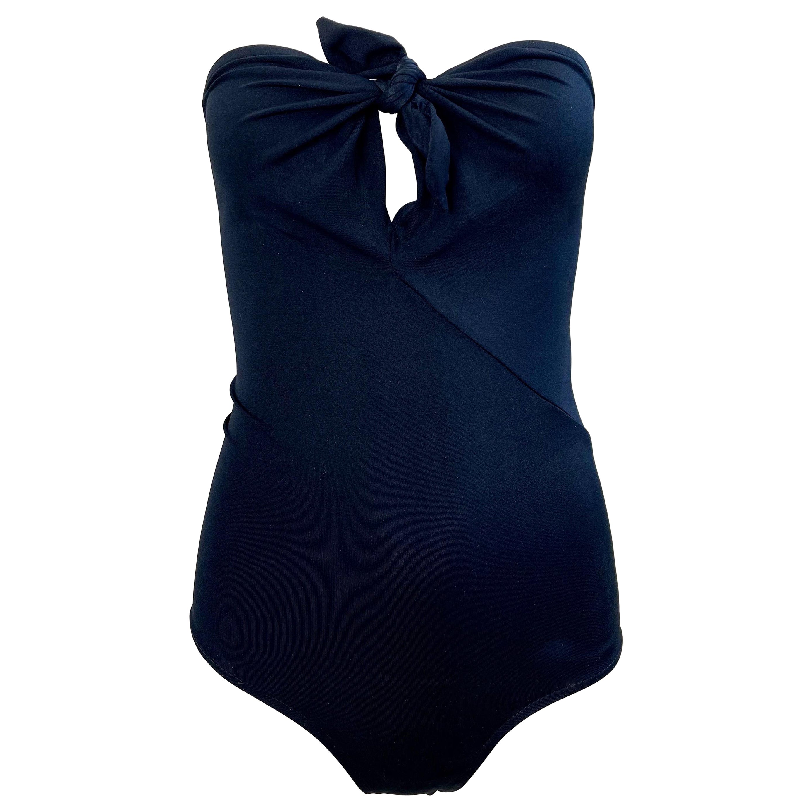 1970s Halston Black Strapless Bandeau Keyhole Vintage 70s Swimsuit / Bodysuit 