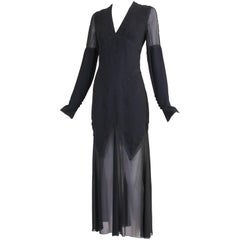 Karl Lagerfeld Black Silk & Lace Inset Deep V-Neck Evening Dress W/Chiffon Skirt