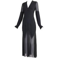 Karl Lagerfeld Black Silk & Lace Inset Deep V-Neck Evening Dress W/Chiffon Skirt 6