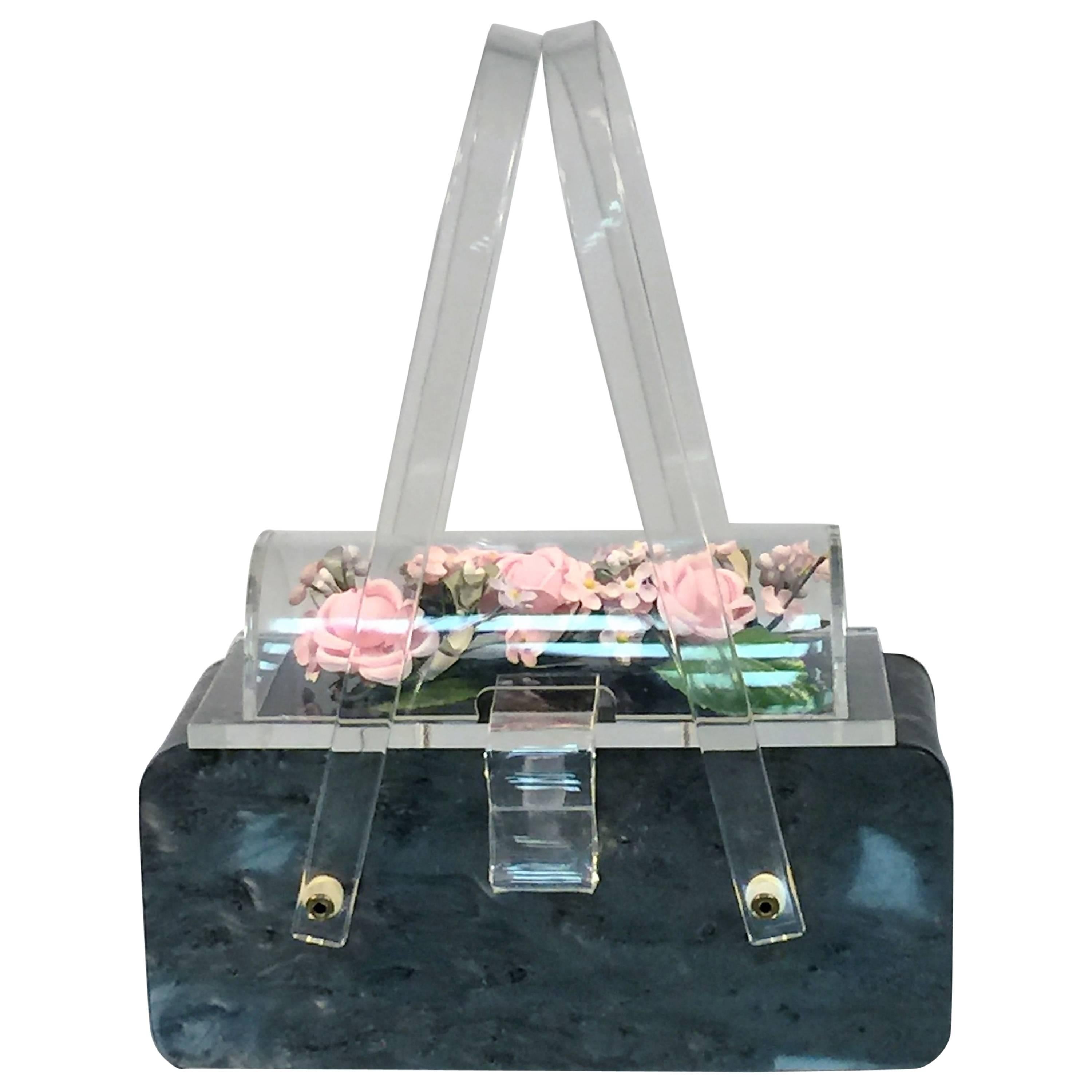  1950's Great Lucite Encased Flower Lucite Handbag For Sale