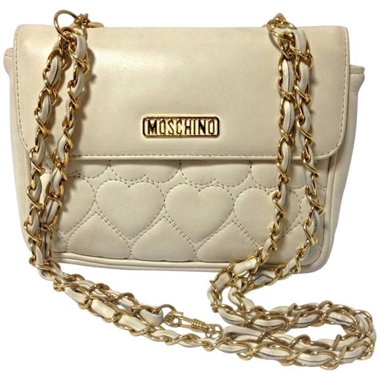 Vintage MOSCHINO white heart stitch lambskin shoulder bag, fanny pack, chain bag