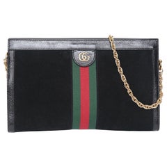 GUCCI Black Suede Patent Leather Bag Medium Ophidia Web Green Chain