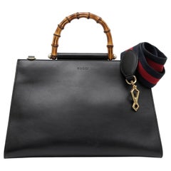GUCCI Black Leather Bag Tote Bamboo Top Handle Web Bandoulière