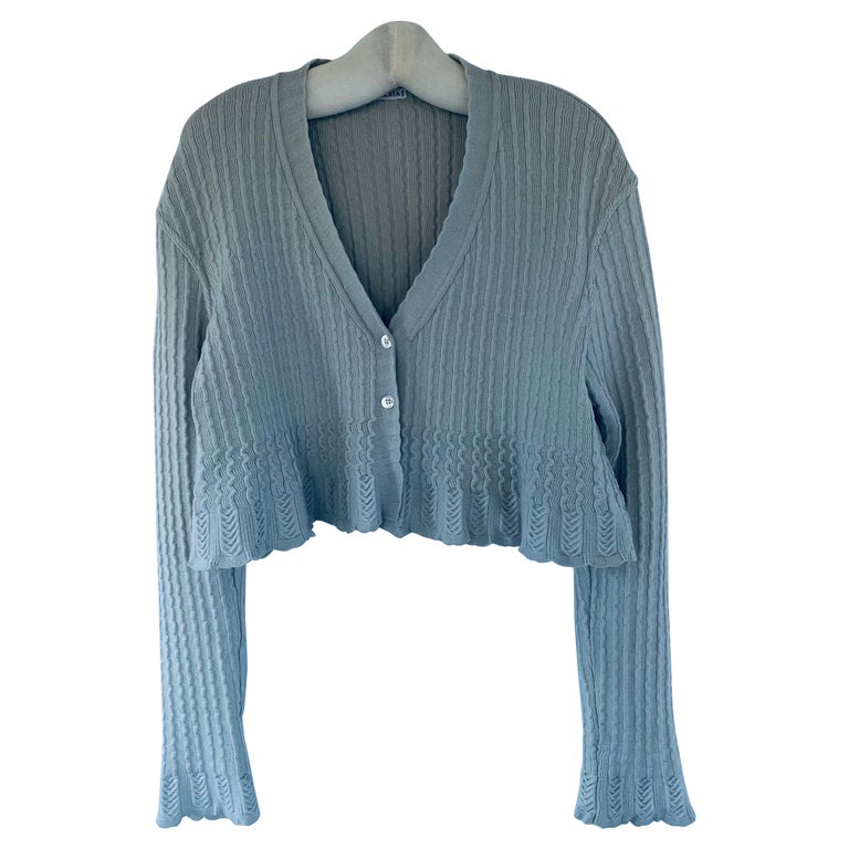 Alaia Vintage 1990s Wool Crop Blue Grey Cardigan Sweater For Sale at
