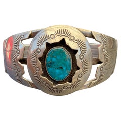 Frank Ramone Navajo Sterling Silver and Turquoise Native Shadowbox Cuff Bracelet