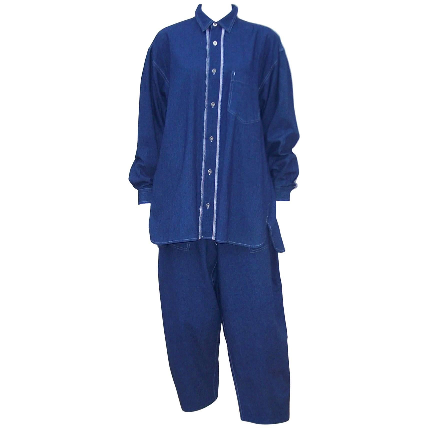 1980s Issey Miyake Plantation Deconstructed Denim 2-Piece Pant Ensemble