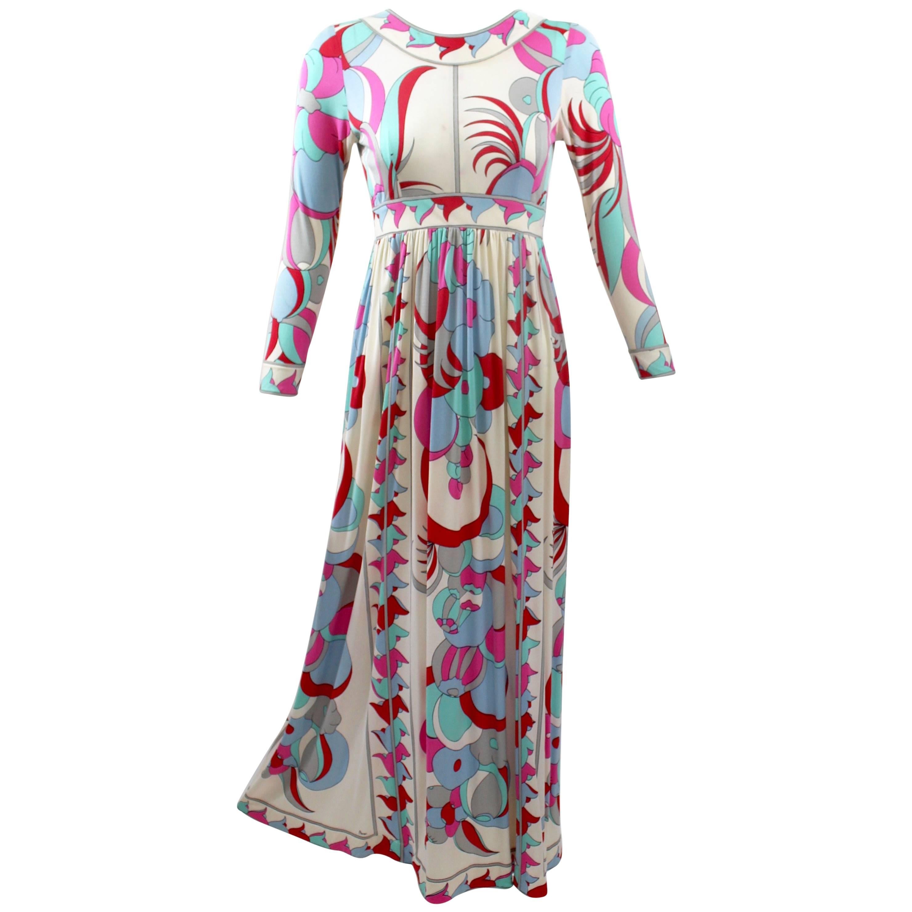 1960s Bessi Silk Jersey Multicolored  Print Maxi Dress