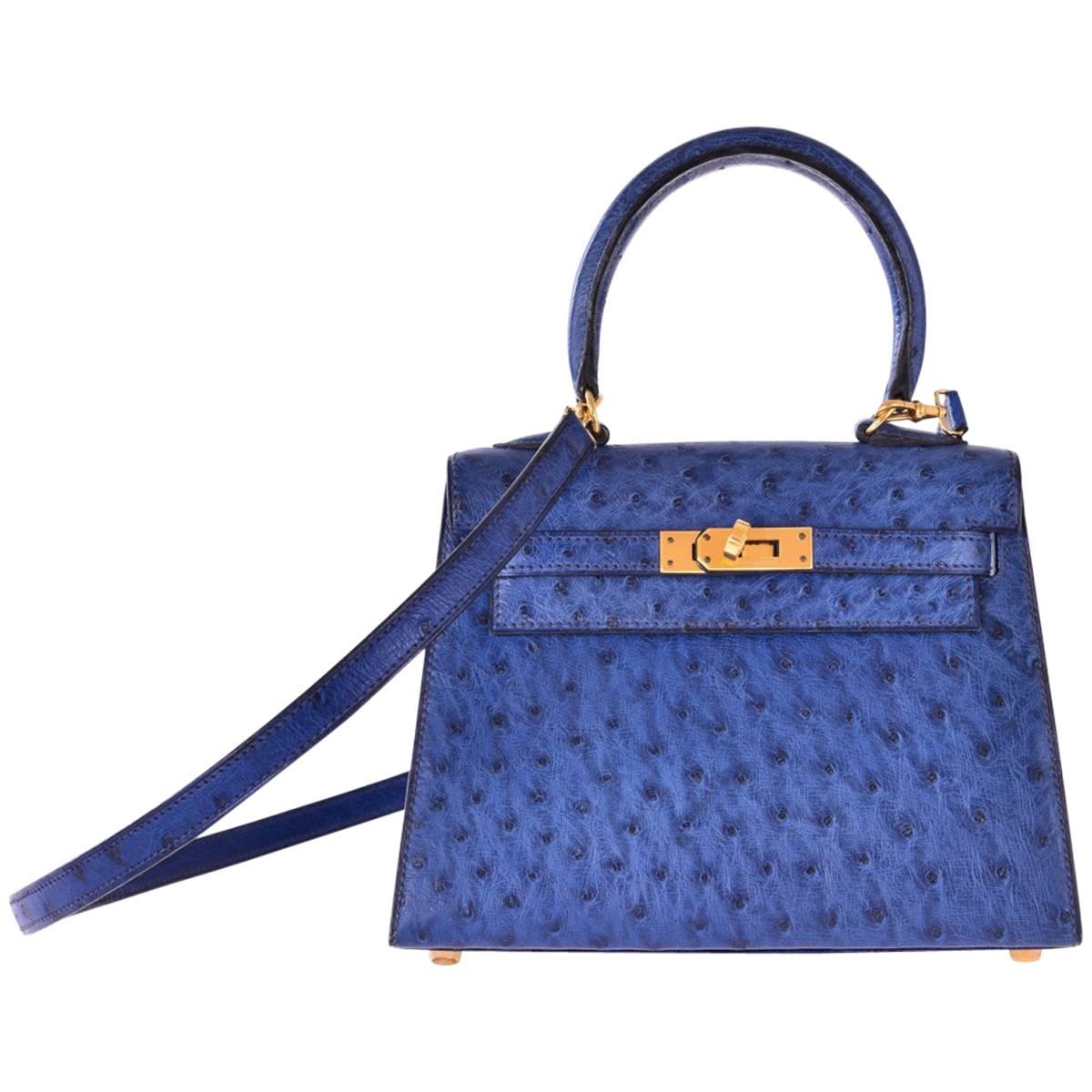 Hermes Kelly 20cm Ostrich Blue Sapphire with Gold Hardware JaneFinds For Sale