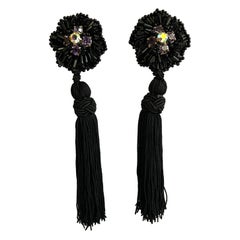 Vintage Black Beaded Flower Tassel Earrings 