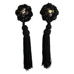Vintage Black Beaded Flower Tassel Earrings