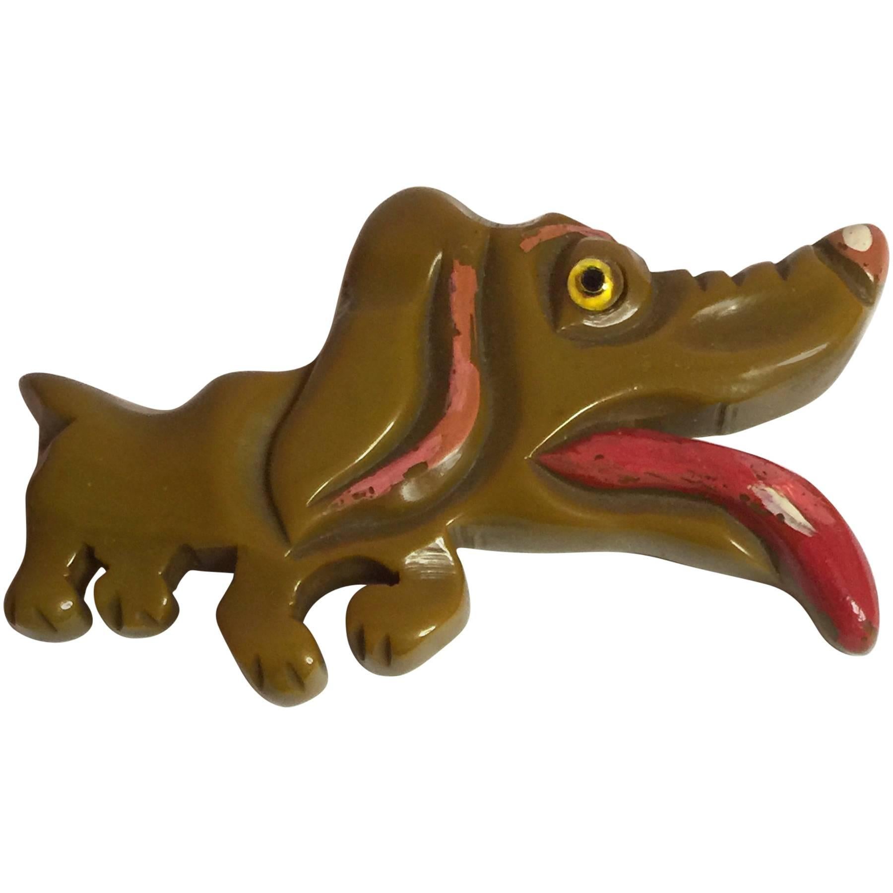 1930s Adorably Whimsical RARE Bakelite Figural  Dog Brooch Pin For Sale