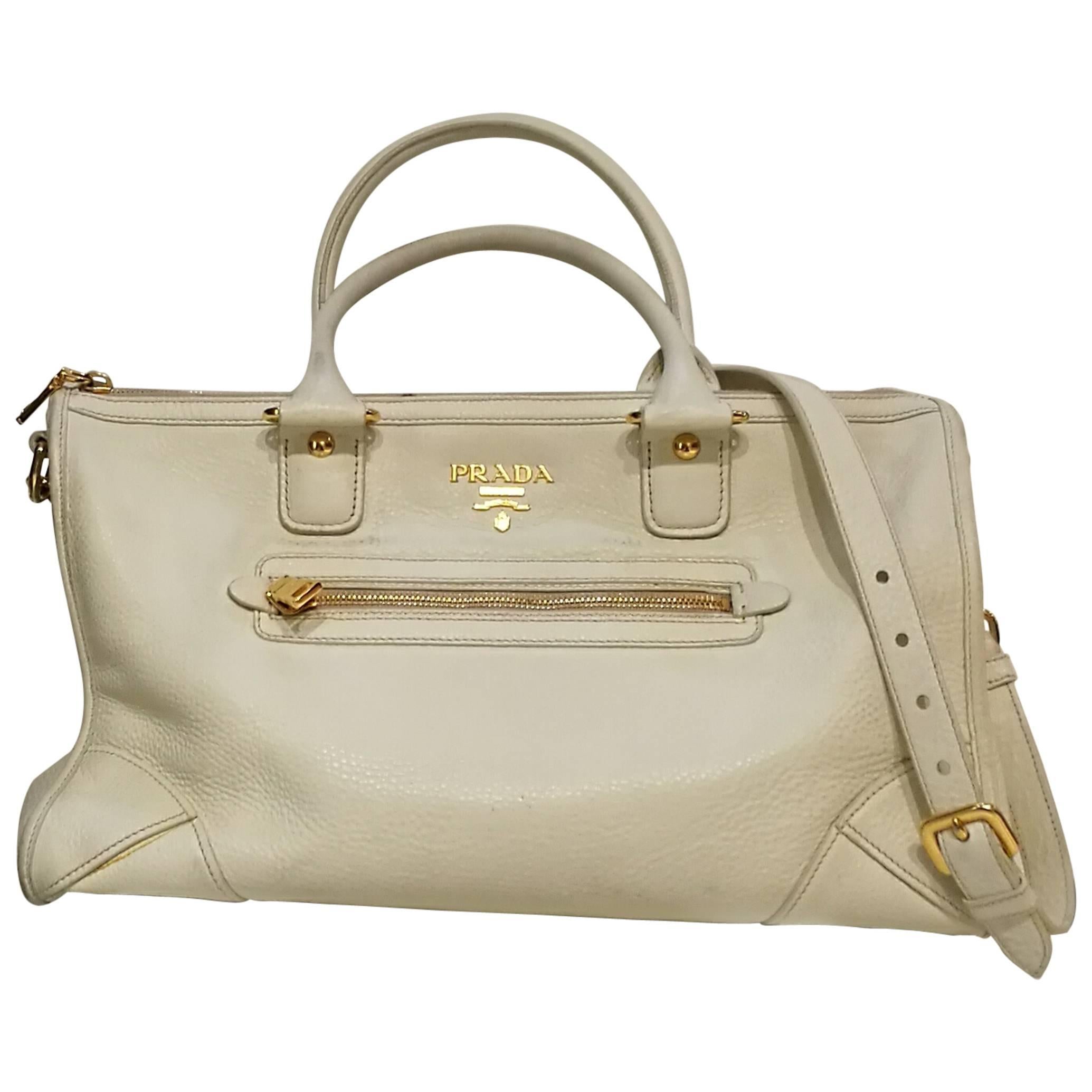 2000s  Prada Cream leather gold hardware shoulder bag