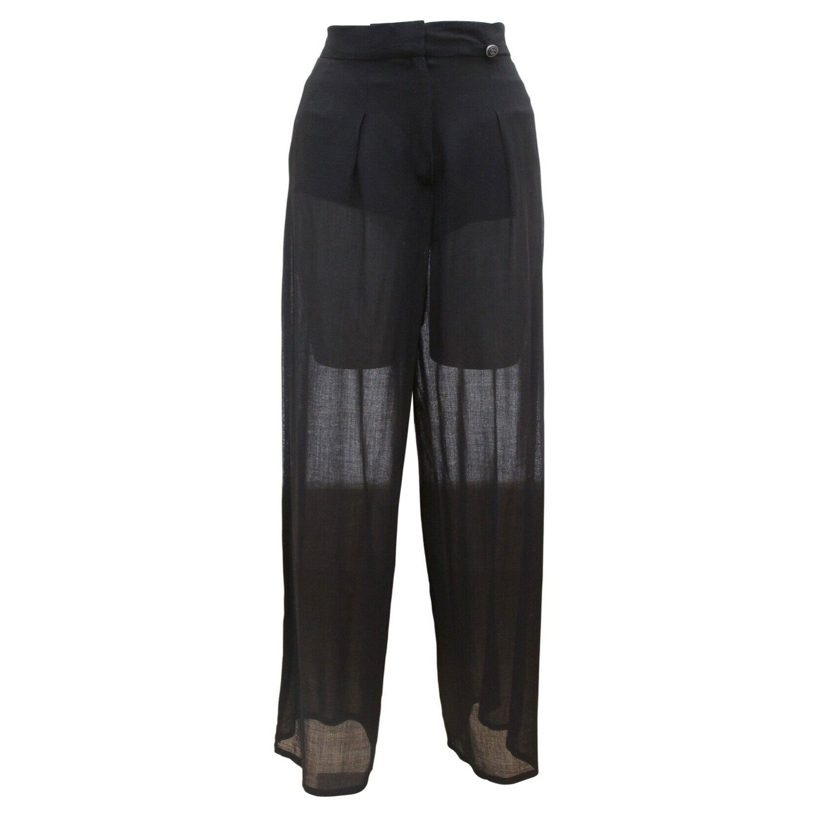 CHANEL Black Pant Wide Leg CC Logo High Rise Semi-Sheer Wool Blend Evening Sz 38 For Sale