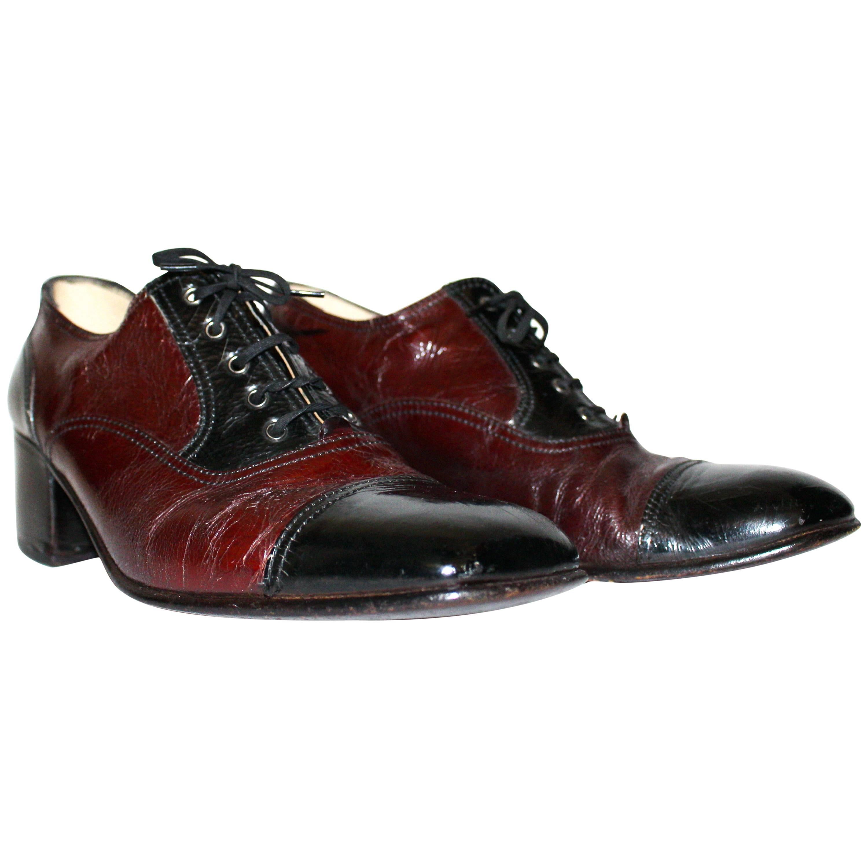 70s Black and Cordovan Cap Toe Leather Shoes  For Sale
