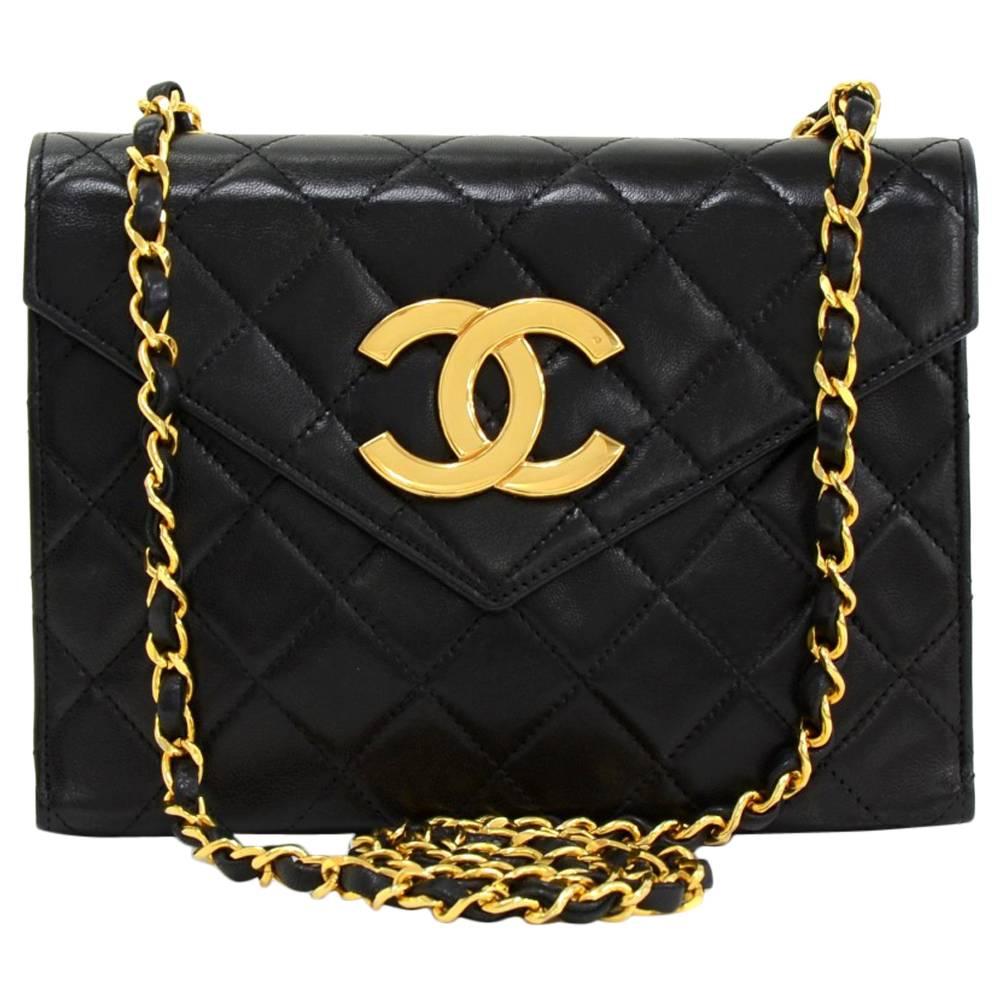 Vintage Chanel 8" Black Quilted Leather Shoulder Flap Bag Large CC