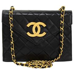 Vintage Chanel 8" Black Quilted Leather Shoulder Flap Bag Large CC