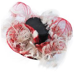 VINTAGE SAKS FIFTH AVE Black Hat with White and Red Feathers 12