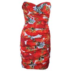 DOLCE AND GABBANA Ruched Stretch Silk Fruit Print Dress Size 38 2