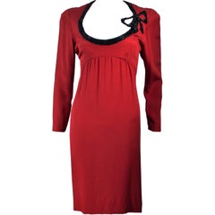 BOB MACKIE Burnished Red Silk Dress with Black Beaded Bow Neckline Size 8