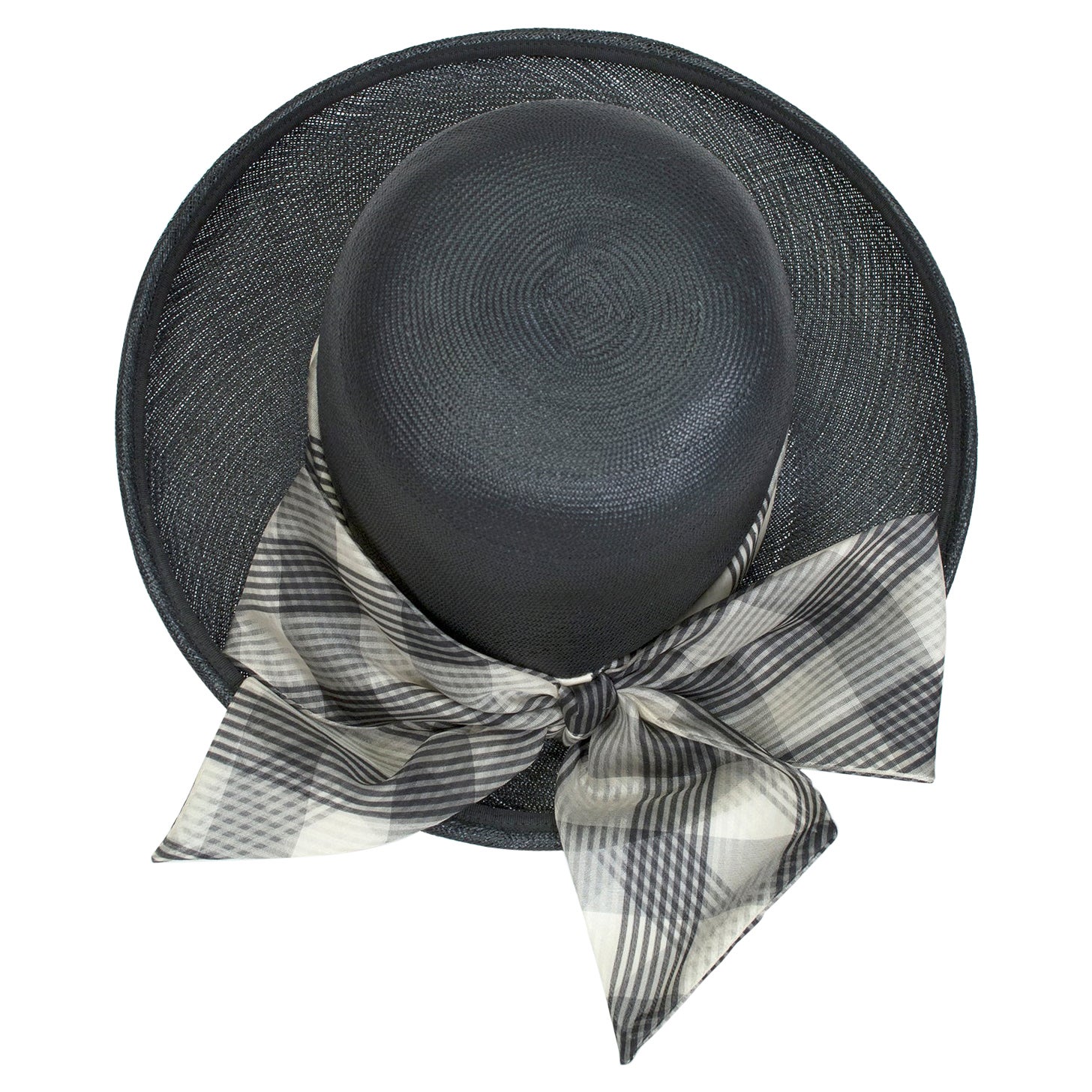 Mr John Black Transitional Straw Cartwheel Sun Hat w Plaid Scarf Band – M, 1960s For Sale