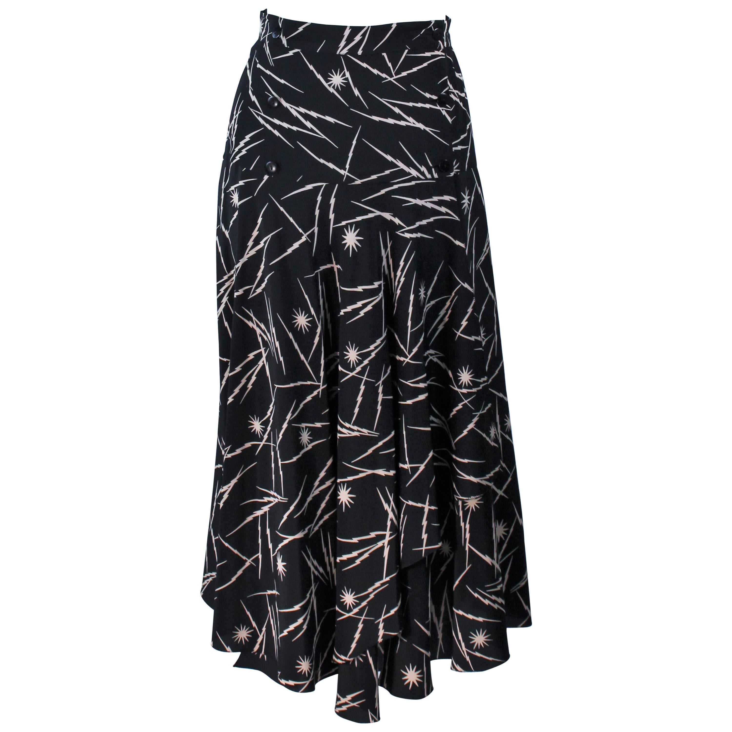 KRIZIA Electrified Black Silk Print Draped Wrap Skirt Size 2 4 For Sale