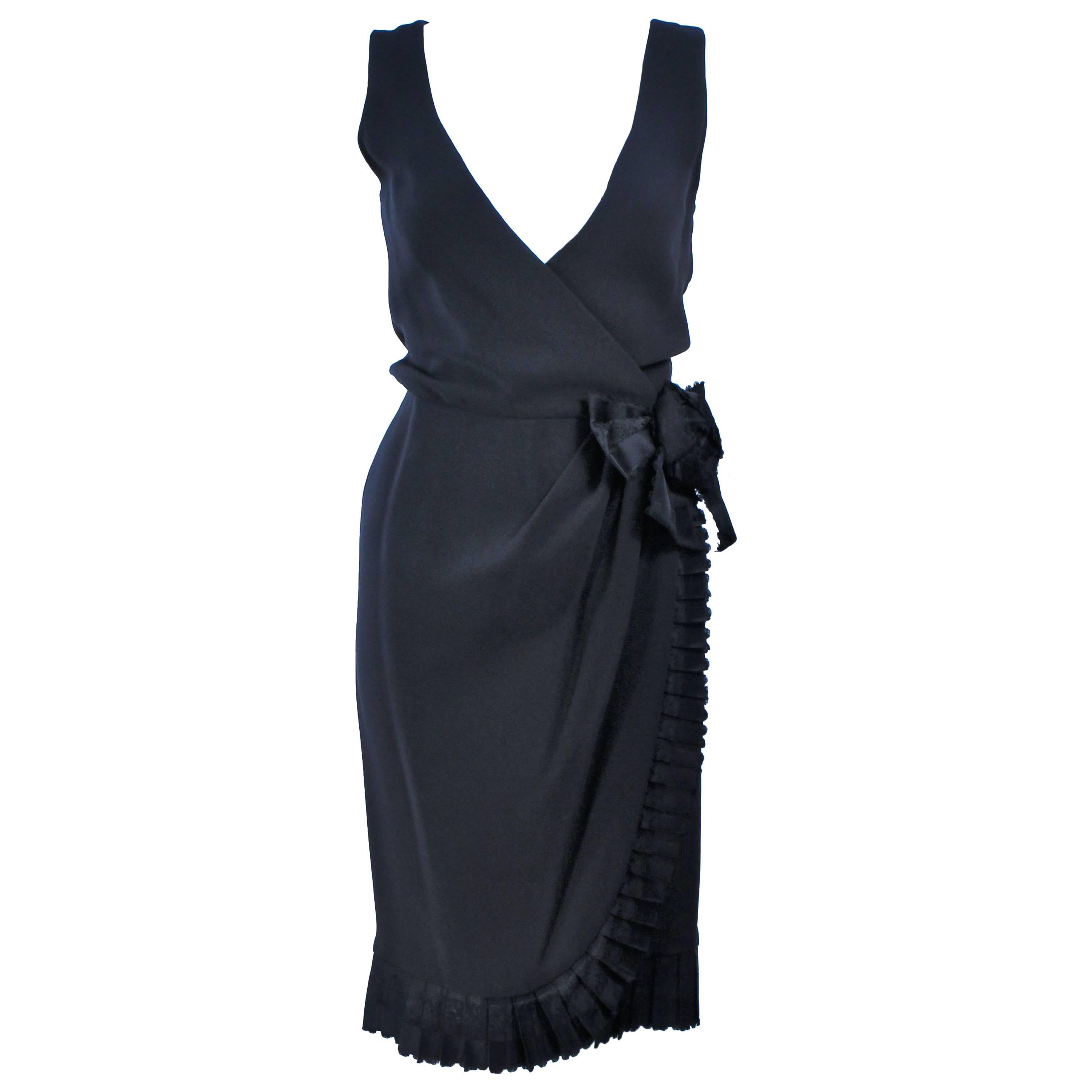 BILL BLASS Black Silk Cocktail Draped Dress with Rose Detail Size 2 For Sale