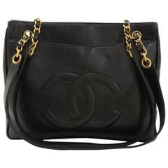 Vintage Chanel 12" Black Leather Medium Shoulder Tote Bag