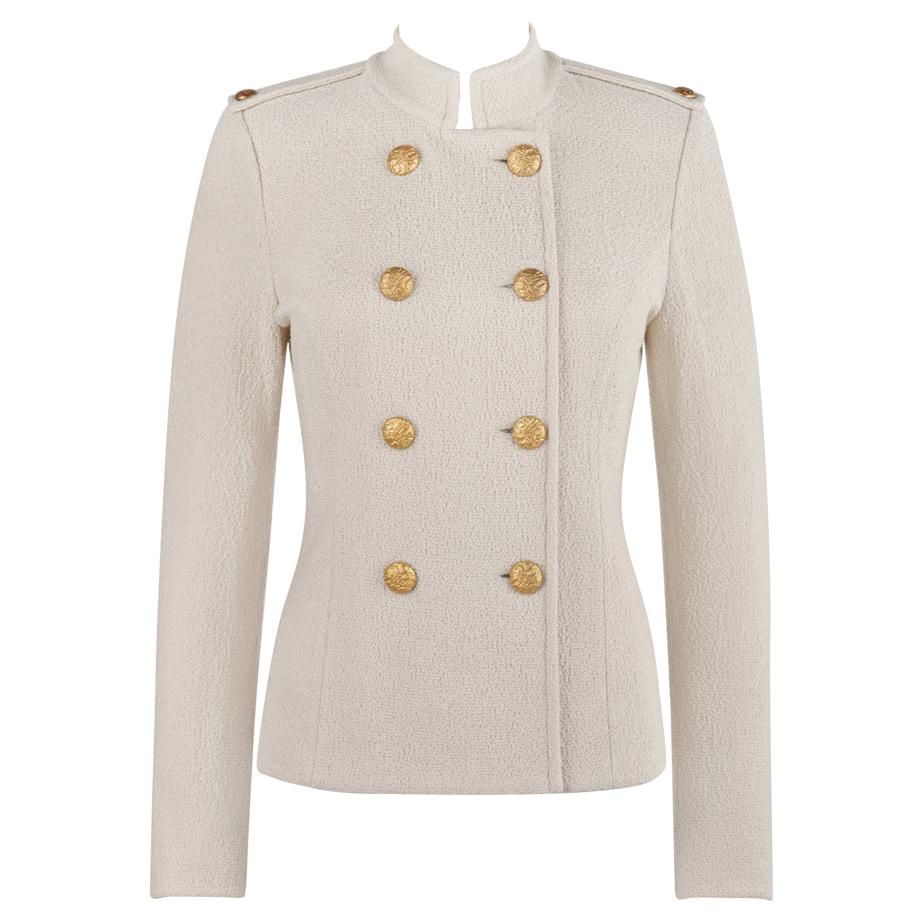 ST JOHN c.2010s Beige Knit Stand Collar Military Double-Breasted Blazer Jacket For Sale