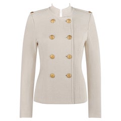 ST JOHN c.2010s Beige Knit Stand Collar Military Double-Breasted Blazer Jacket