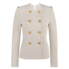 Vintage ST JOHN c.2010s Beige Knit Stand Collar Military Double-Breasted Blazer Jacket