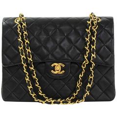 1990s Chanel Black Quilted Lambskin Vintage Medium Tall Classic Double Flap Bag