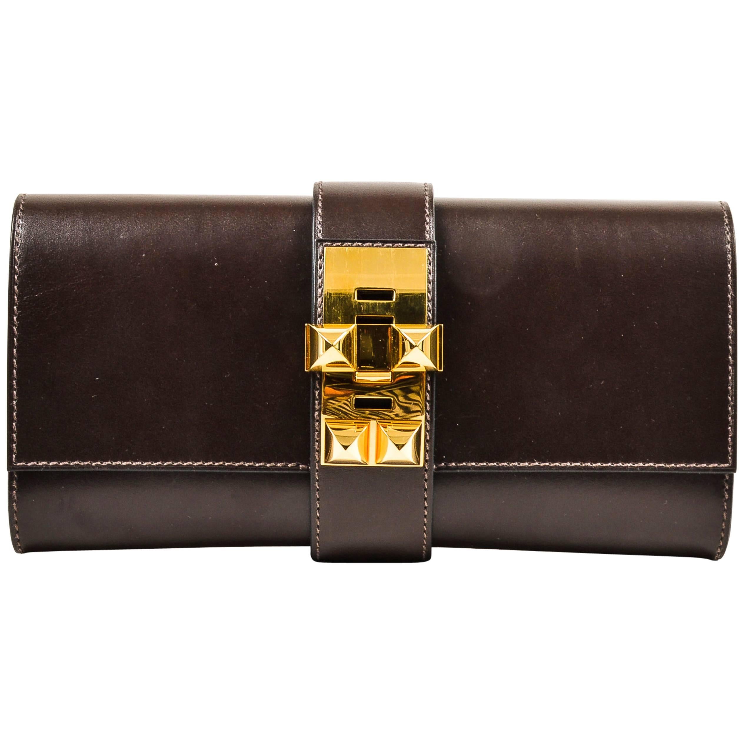 Hermes Dark Brown Box Calf Leather Gold Tone Hardware "Medor" Clutch For Sale