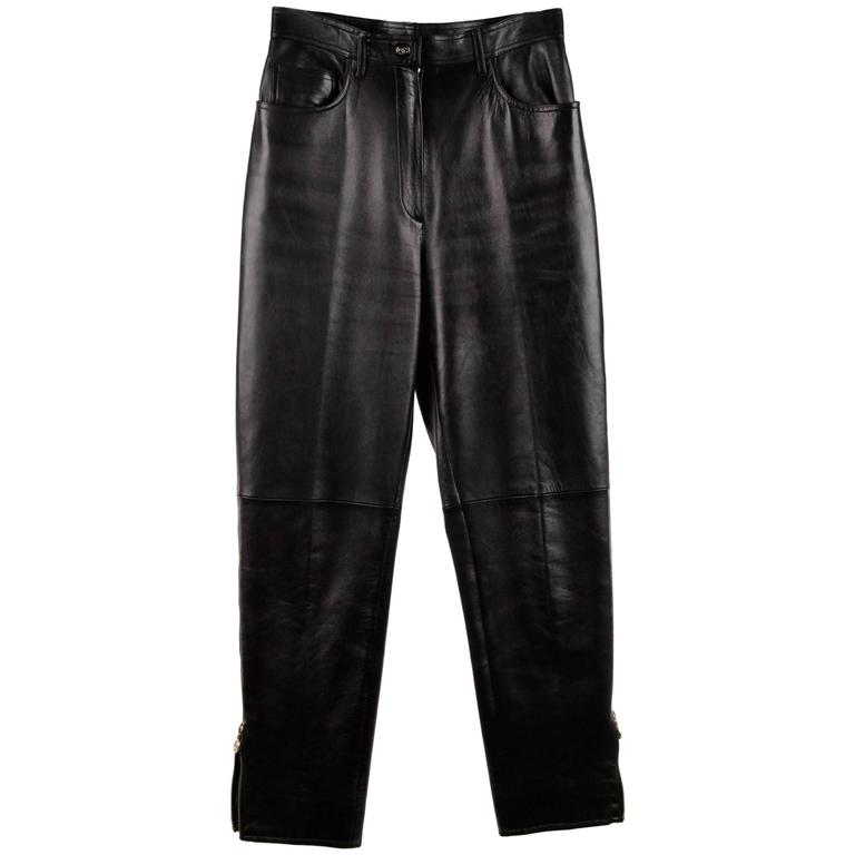 CHANEL BOUTIQUE Black Leather BIKER PANTS Trousers w/ ANKLE ZIP For ...
