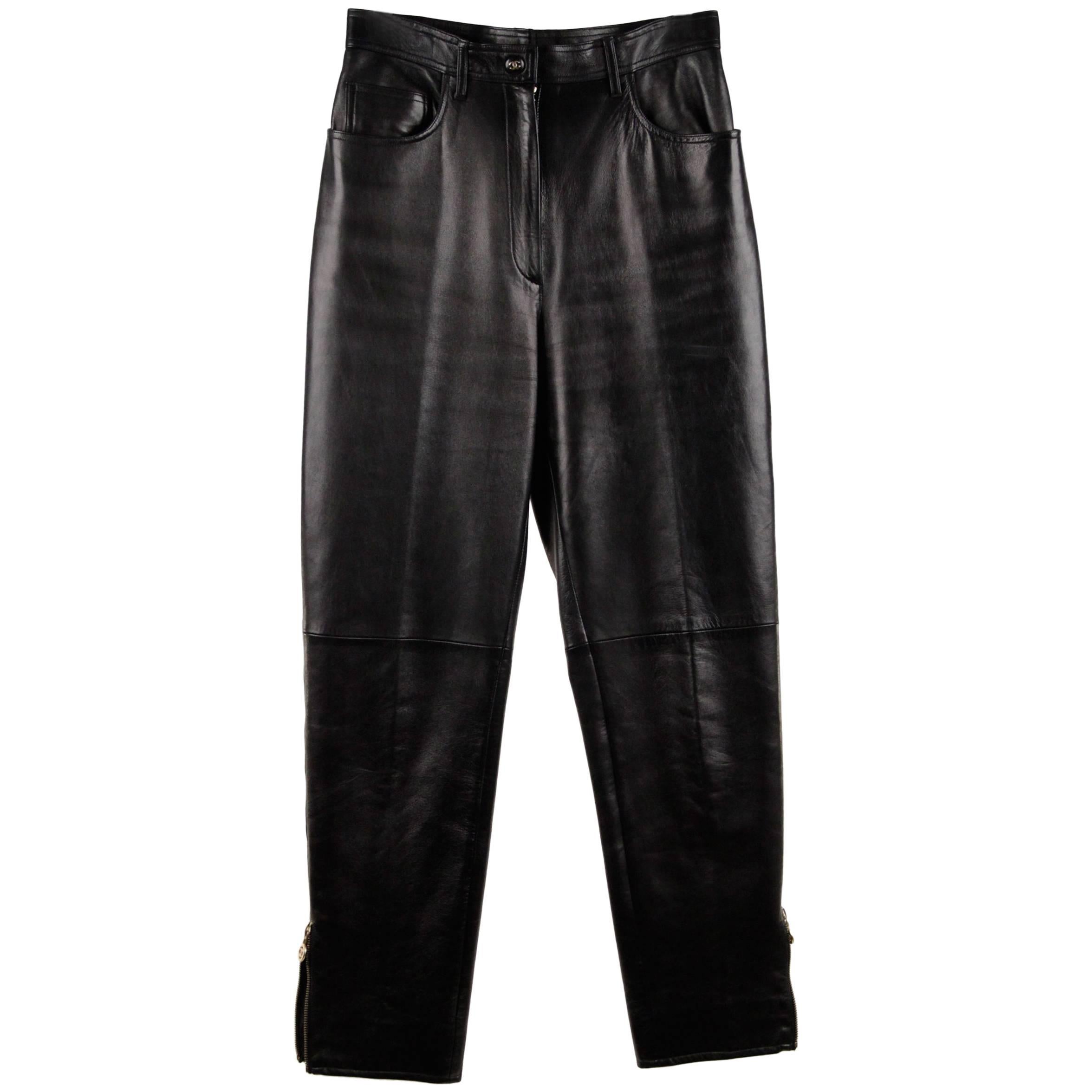 CHANEL BOUTIQUE Black Leather BIKER PANTS Trousers w/ ANKLE ZIP