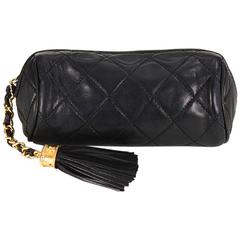 1990s Chanel Black Quilted Lambskin Vintage Fringe Pouch