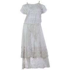 Edwardian Off White Cotton Embroidered Tulle & Lace Cold Shoulder Dress