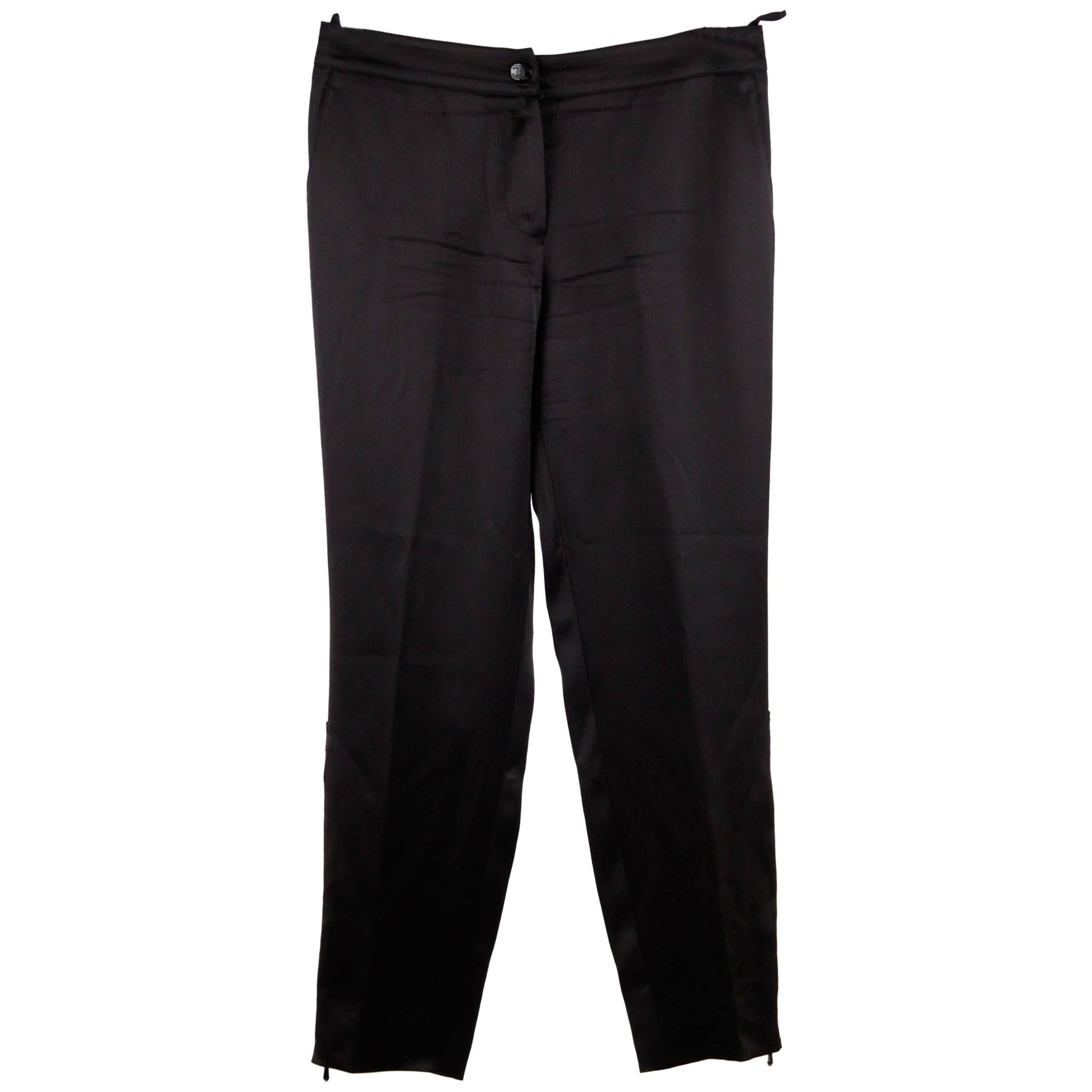 CHANEL Black Pure Silk PANTS Trousers w/ ZIP Detail SIZE 36