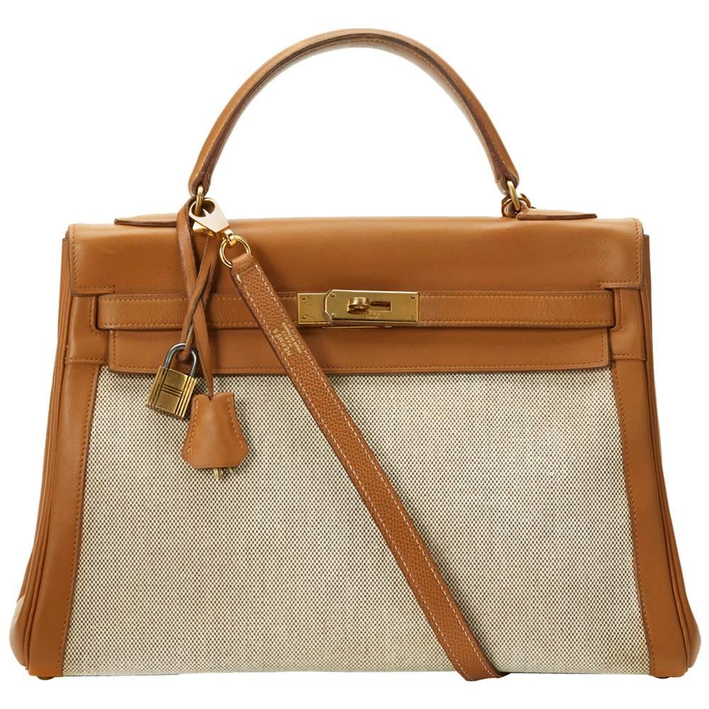 1950s Hermes Tan Leather and Canvas Vintage Kelly Retourne 32