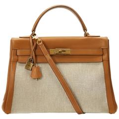 hermès des années 1950:: cuir havane et toile Vintage Kelly Retourne 32