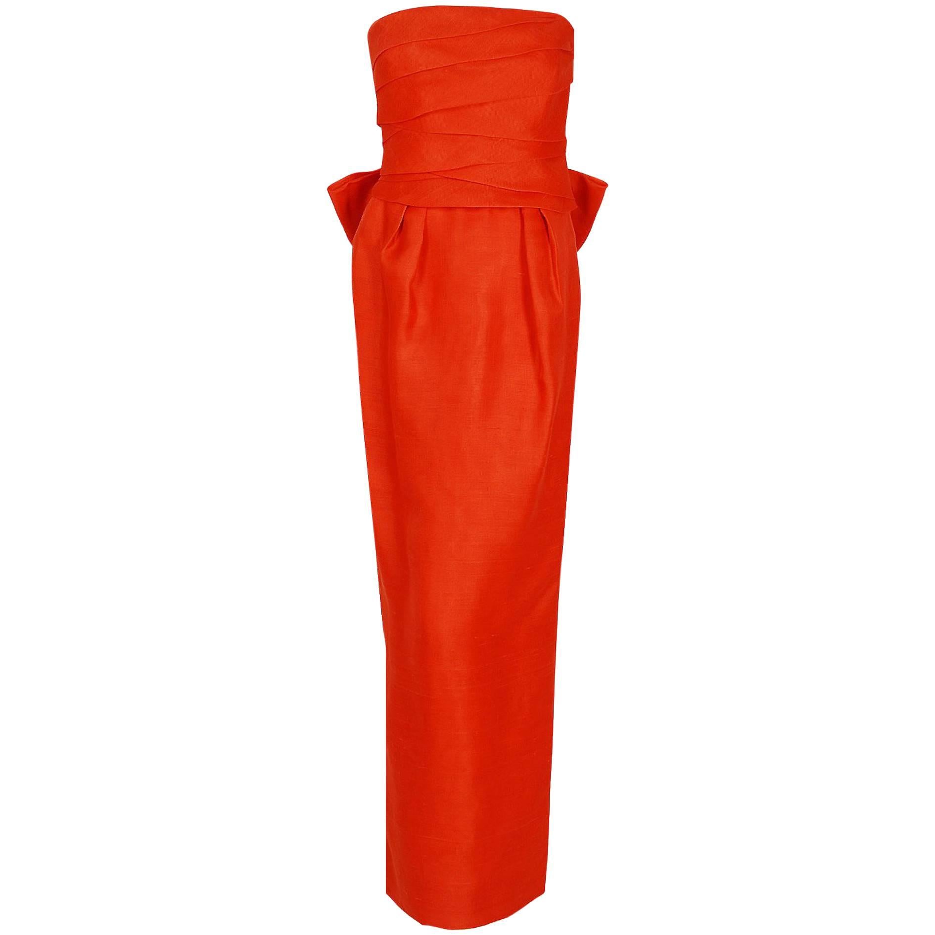 1983 Christian Dior Haute-Couture Orange Strapless Pleated Silk Hourglass Gown