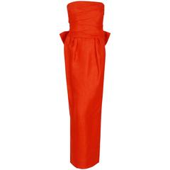 1983 Christian Dior Haute-Couture Orange Strapless Pleated Silk Hourglass Gown