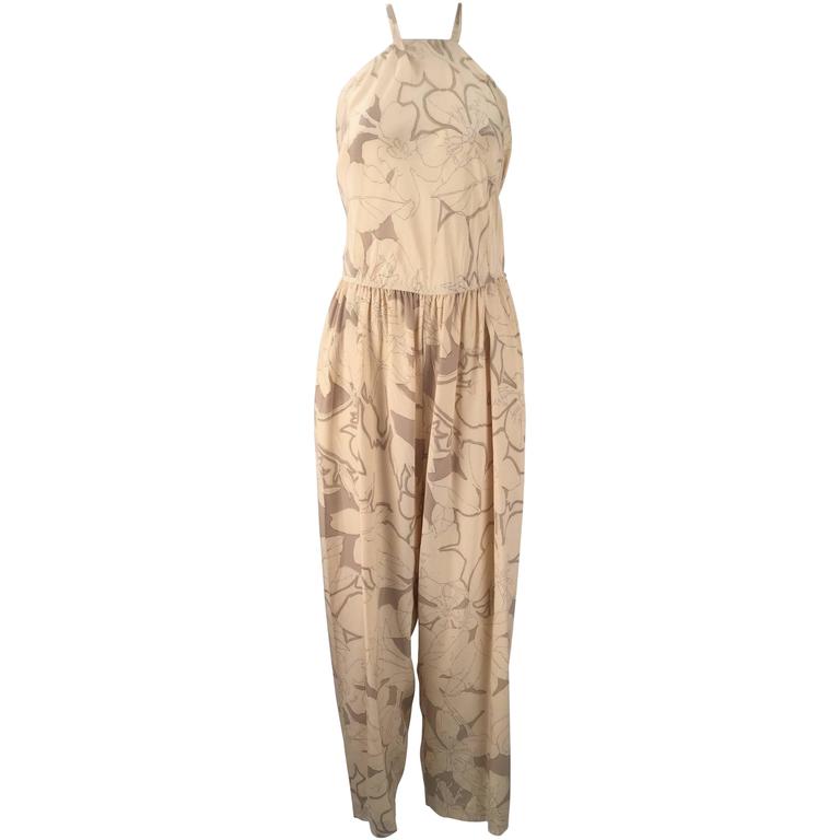 Stephen Burrows Silk Cream and Light Brown Halter Jumpsuit, 1970s For